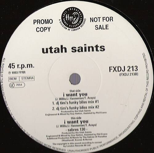 Utah Saints - I want you (DJ Tim & Sabres Of Paradise mixes) 12" Vinyl Promo