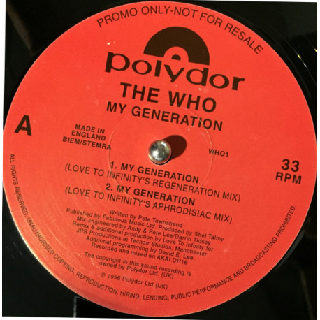 Who - My Generation (4 Love To Infinity Mixes) 12" Vinyl Record Promo