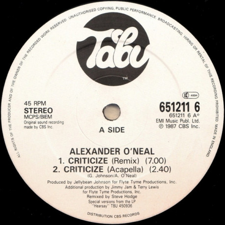 Alexander ONeal - Criticize (Original Remix / Acapella / Critical Mix / Critical Dub) 12" Vinyl Record