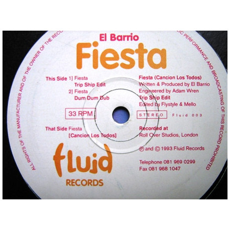 El Barrio - Fiesta (Cancion Los Todos / Trip Ship Edit / Dum Dum Dub) 12" Vinyl Record