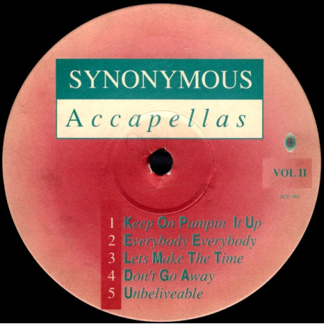 Synonymous Accapellas - Vol 1 feat Take Me Away / Rock The House / Touch Me / Keep On Pumpin It Up