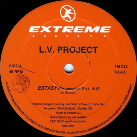 L.V Project - Extasy (Progressive Mix / Trance Mix) 12" Vinyl Record