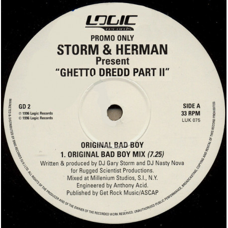 Storm & Herman - Ghetto Dredd Part 2 (Original Bad Boy Mix / Scientist Mix / Ghetto Bells Mix) 12" Vinyl Promo