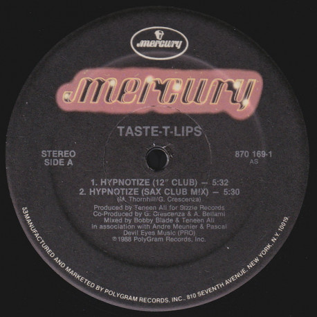 Taste T Lips - Hypnotize (Club Mix / Sax Club Mix / House Mix / House Dub) 12" Vinyl Promo