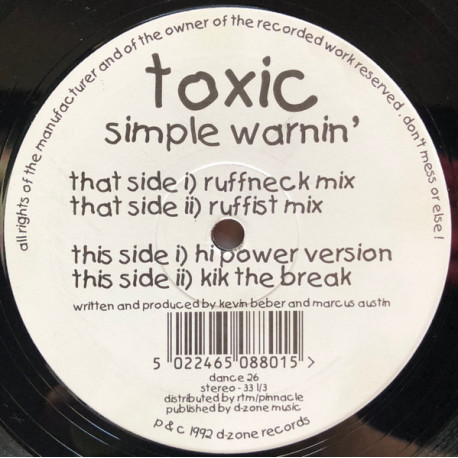 Toxic - Simple Warnin (Ruffneck Mix / Ruffist Mix / Hi Power Version / Kik The Break) 12" Vinyl Record