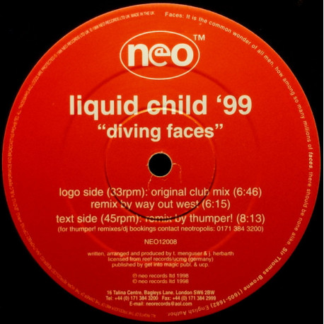 Liquid Child 99 - Diving Faces (Original Club Mix / Way Out West Remix / Thumper Remix) 12" Vinyl Record