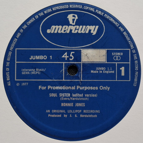 Ronnie Jones - Soul Sister (Long Version / Edit Version) 12" Vinyl Record Promo