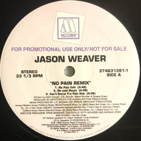 Jason Weaver - No Pain (Remix / Edit / Dub) 12" Vinyl Promo