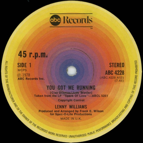 Lenny Williams - You Got Me Running (Long) / Come Reap My Love (12" Vinyl Record)