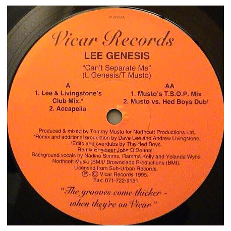Lee Genesis - Cant Separate Me (Dave Lee & Livingstone Club Mix / Acappella / 2 Tommy Musto Mixes) 12" Vinyl