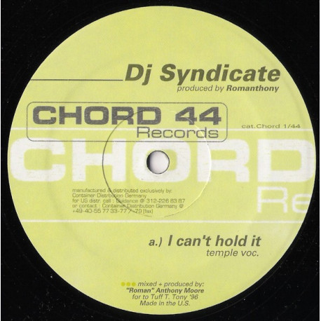 DJ Syndicate - I Cant Hold It (Temple Vocal / Subpad Deep Vocal / Depression Dub) Vinyl Record