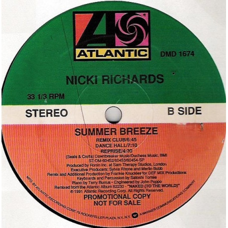 Nicki Richards - Summer Breeze (Extended / Big Beat Hip Hop Mix / Radio Edit / Frankie Knuckles Club Remix) Vinyl Promo