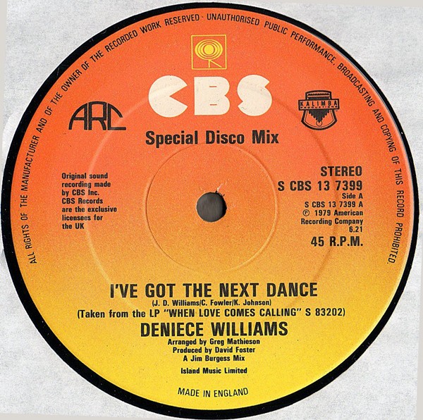 Deniece Williams - I've got the next dance (6.21 Jim Burgess Disco mix) / When love comes calling (12" Vinyl Record)