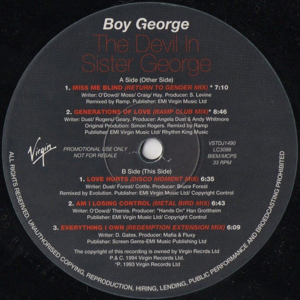 Boy George - The Devil In Sister George EP featuring Generations of love (Ramp Remix) / Miss me blind (Ramp Remix) / Love hurts