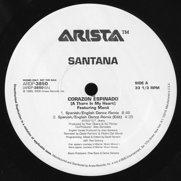 Santana - Corazon espinado (a thorn in my heart) Dance Mix / Dance Mix Edit / Wheres Carlos Dub / Radio Edit (Promo)