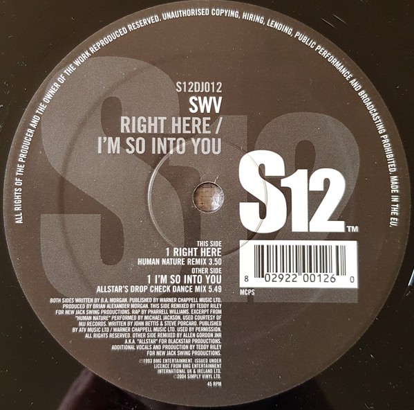 SWV - Right here (Human Nature Remix) / I'm so into you (Allstars Drop Check Dance mix) 12" Vinyl Record