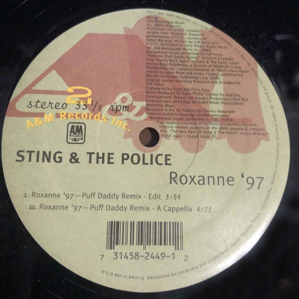 Sting & The Police - Roxanne 97 (Puff Daddy Remix / Puff Daddy Remix Edit / Puff Daddy Inst / Acappella) 12" Vinyl Record