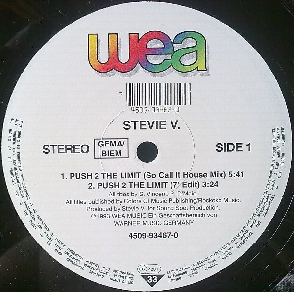 Stevie V - Push 2 the limit (4 mixes) 12" Vinyl Record