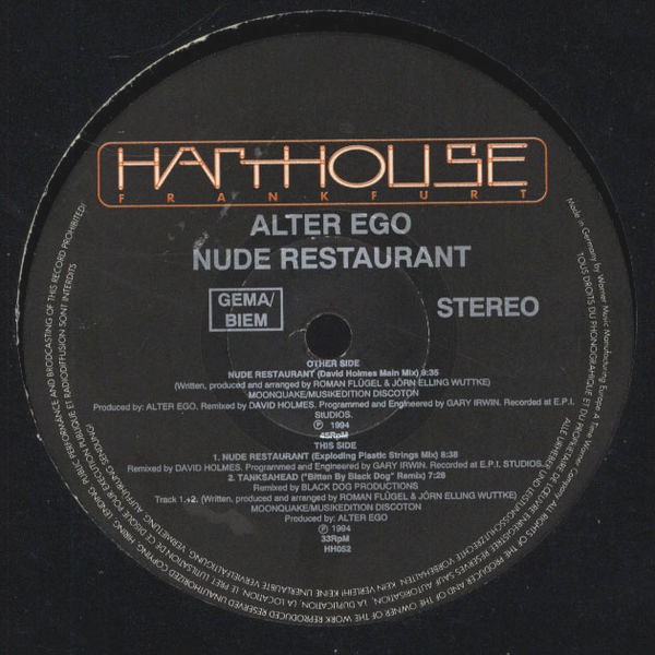 Alter Ego - Nude restaurant (David Holmes Main mix / Exploding Plastic Strings mix / Bitten By Black Dog Remix) 12" Vinyl Record