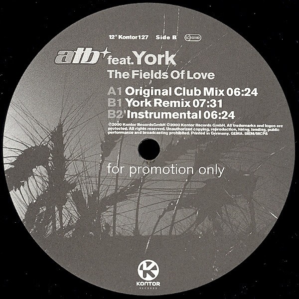 ATB featuring York - The fields of love (Original Club mix / York Remix / Instrumental) 12" Vinyl Record Promo
