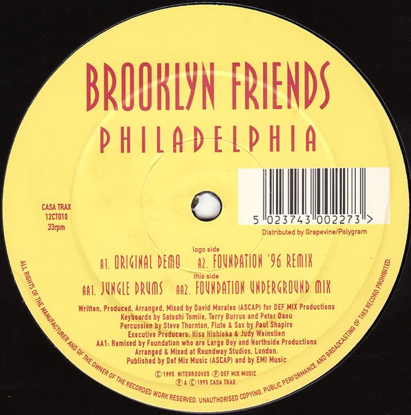 Brooklyn Friends - Philadelphia (David Morales Demo / Foundation 96 Remix / Foundation Underground mix / Jungle Drums) 12" Vinyl