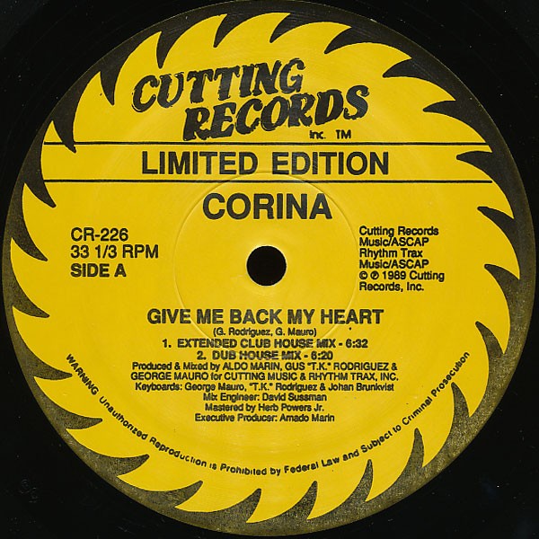 Corina - Give me back my heart (Exended House mix / Dub House mix / Dirty House mix / Dirty Dub) 12" Vinyl Record