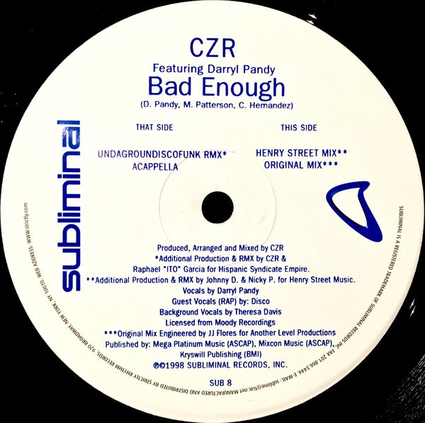 CZR featuring Darryl Pandy - Bad enough (Original / Henry Street mix / Undagroundiscofunk Remix / Acappella) 12" Vinyl Record