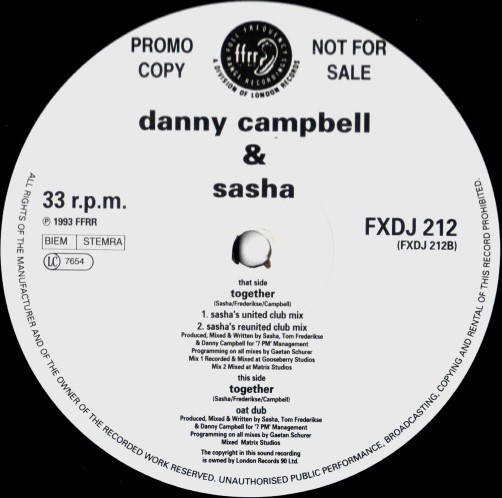 Danny Campbell & Sasha - Together (3 Sasha Mixes) 12" Vinyl Record Promo