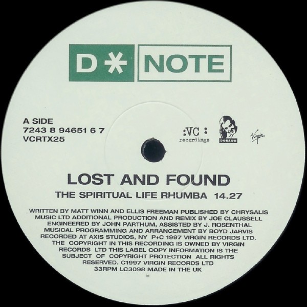 D Note - Lost and found (Sunship Remix / Joe Claussell's Spiritual Life Rhumba / Danny Tenaglia Dub) 12" Vinyl Record Promo