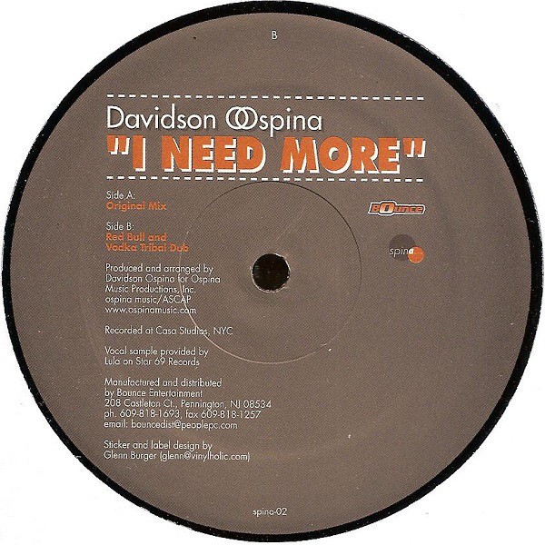 Davidson Ospina - I need more (Original mix / Red Bull & Vodka Tribal Dub) 12" Vinyl Record