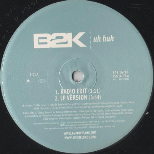 B2K - Uh huh (LP Version / Radio Edit / Instrumental / Acappella) 12" Vinyl Record Promo
