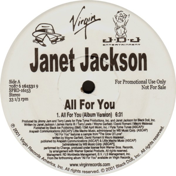 Janet Jackson - All for you (LP Version / Instrumental) samples Change "The glow of love"  (Vinyl Promo)