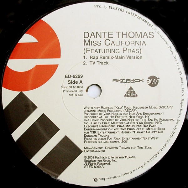 Dante Thomas feat Pras - Miss California (Rap Remix Main Version / TV Version / Instrumental / Acappella) 12" Vinyl Record Promo