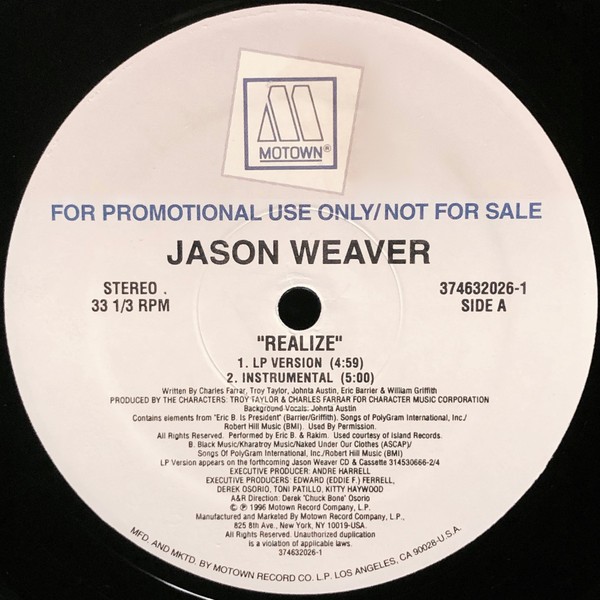 Jason Weaver - Realize (LP Version / Inst / Acappella / Mixtape) 12" Vinyl Record Promo
