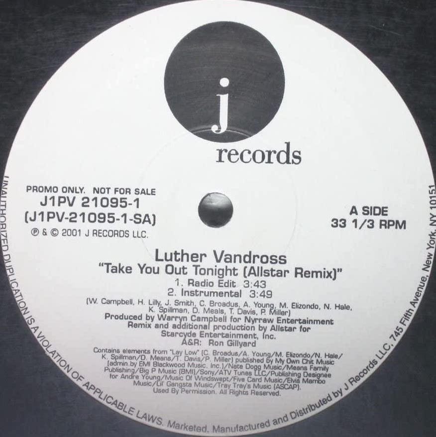 Luther Vandross - Take you out tonight (Allstar Remix / Instr / Radio Edit / Acapella) 12" Vinyl Record Promo
