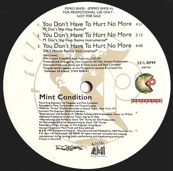 Mint Condition - You dont have to hurt no more (M Docs Hip Hop mix / M Docs Hip Hop Radio mix / 3 Silks Mixes) 12" Vinyl Record