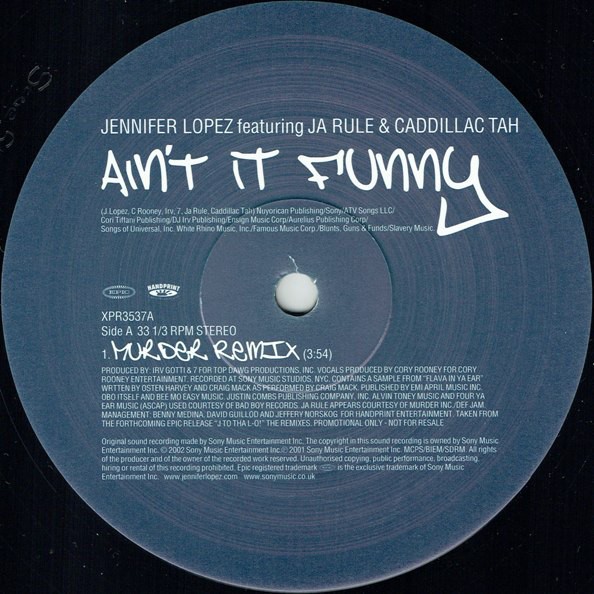 J Lo (Jennifer Lopez) feat Ja Rule & Caddillac Tah - Aint It Funny (Murder remix / Inst / Acappella) 12" Vinyl Record Promo