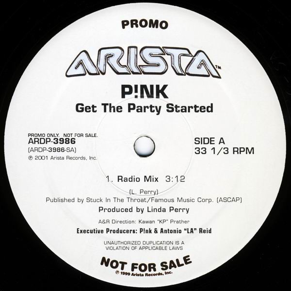 Pink - Get The Party Started (Radio / Instrumental / Acappella) 12" Vinyl Record Promo