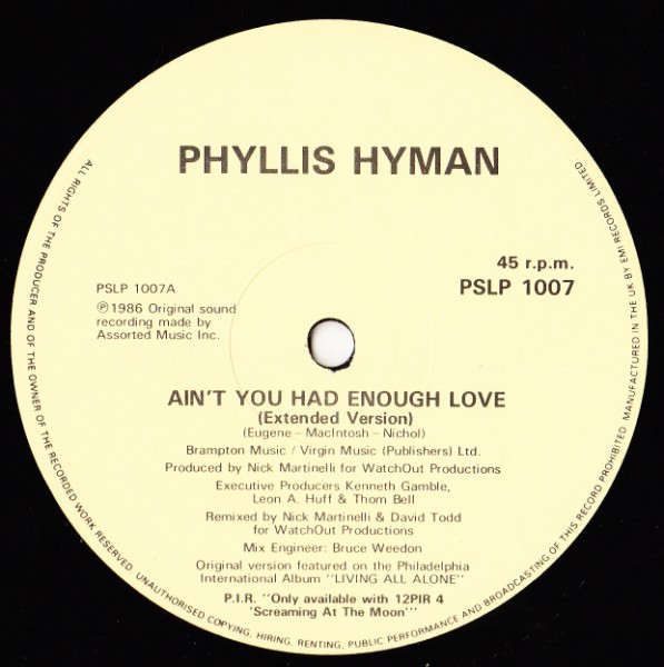 Phyllis Hyman - Ain't you had enough love (Extended Version / Percusappella) 12" Vinyl Record