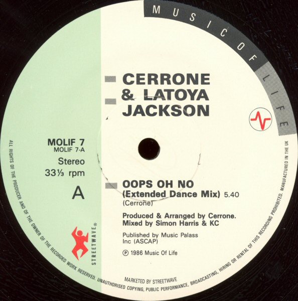 Cerrone & Latoya Jackson - Oops oh no (Extended Dance mix / LP Version / Dub Acappella) 12" Vinyl Record