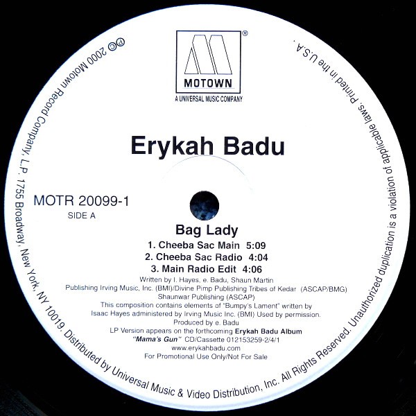 Erykah Badu - Bag lady  (Main Radio Edit / Main Inst / Main Acappella / Cheeba Sac Main mix / Cheeba Radio / Cheeba Inst)