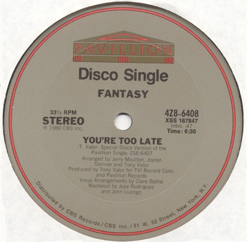 Fantasy - You're too late (John Luongo Disco Version / Instrumental Version) 12" Vinyl Record