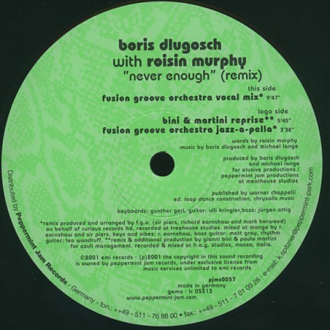 Boris Dlugosch - Never enough feat Roisin Murphy (Fusion Groove Orchestra Mix /  Jazzapella / Bini & Martini reprise) 12" Vinyl