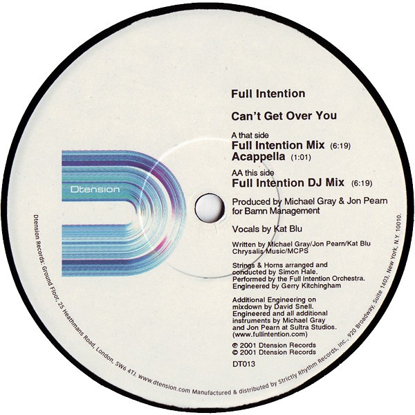 Full Intention - Cant get over you (Full Intention mix / DJ mix / Acappella) 12" Vinyl Record