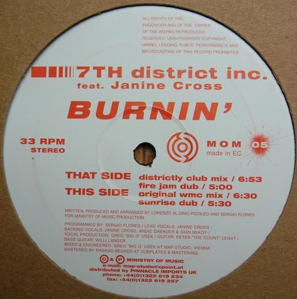7th District Inc featuring Janine Cross - Burnin (Original mix / Sunrise Dub / Districtly Club mix / Fire Jam Dub)
