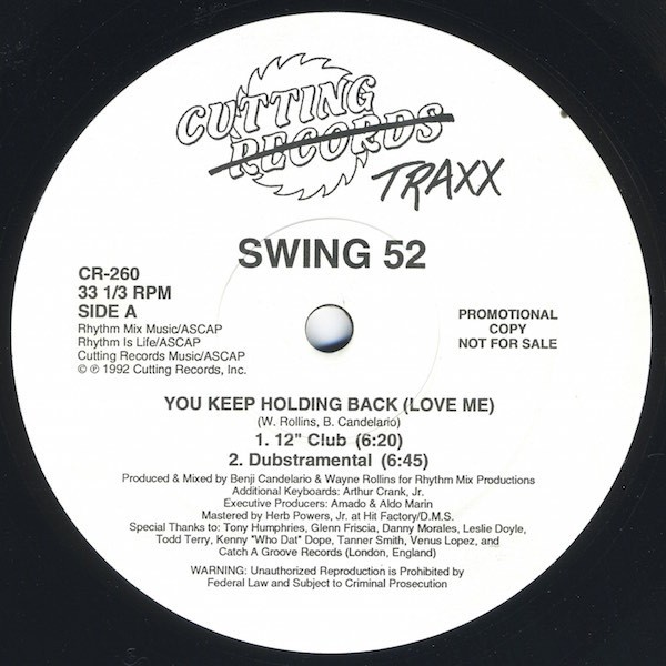 Swing 52 - You keep holding back (12" Club mix / Dubstramental / Late Nite Groove mix) / Feel the groove (Promo)