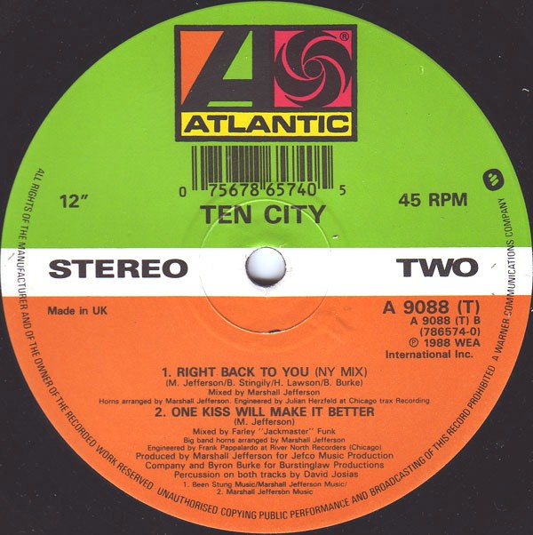 Ten City - Right back to you (Extended mix / NY Mix) / One kiss will make it better (Farley Mix) Vinyl