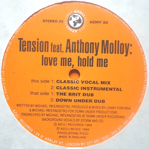 Tension feat Anthony Molloy - Love me hold me (4 Lenny Fontana mixes) Vinyl 12" Record