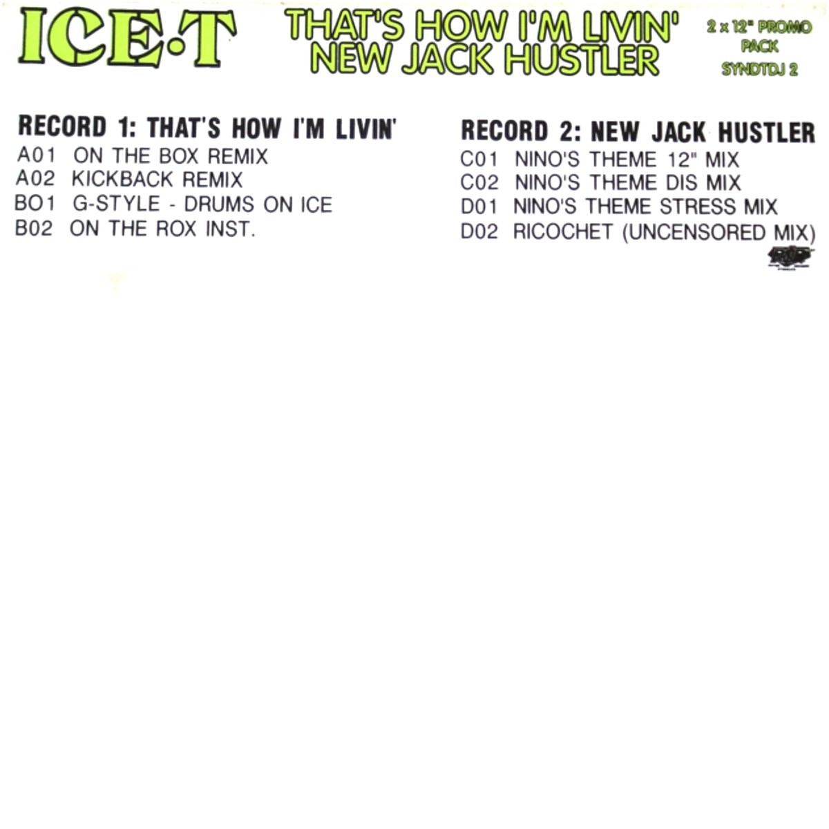 Ice T - New jack hustler (3 Morales Mixes) / Ricochet (Uncensored Mix) / That's how i'm Livin (3 Mixes) 2 x Vinyl Promo