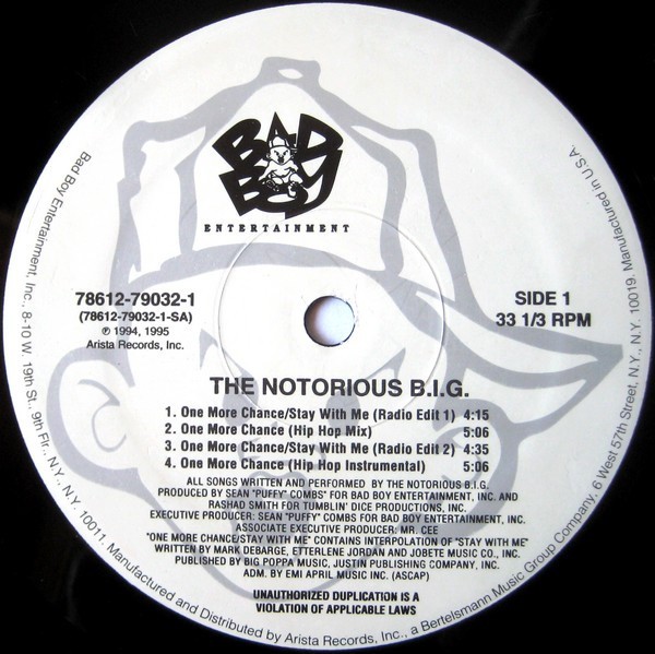 Notorious BIG - One more chance  (Edit 1 / Edit 2 / Hip Hop mix / Hip Hop inst / Hip Hop edit / Inst) 12" Vinyl Record